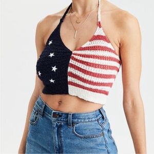 American Eagle Knit Crochet crop top halter USA flag patriotic boho. Size small